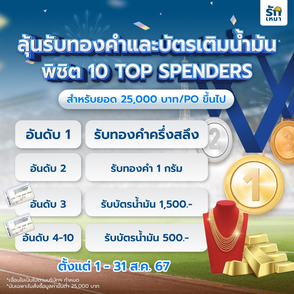 นรับทองคำและบัตรเติมน้ำมัน พิชิต 10 TOP SPENDERS สำหรับยอด 25,000 บาท/PO ขึ้นไป 